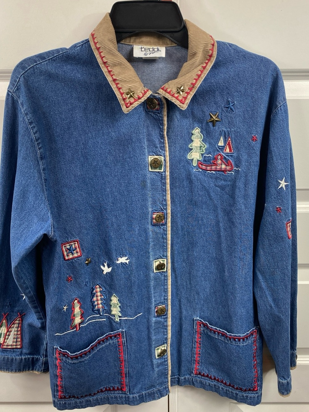 Vintage Denim Embroidered Jacket Camping Button Blue Cottagecore Gorpcore Large - Picture 1 of 10